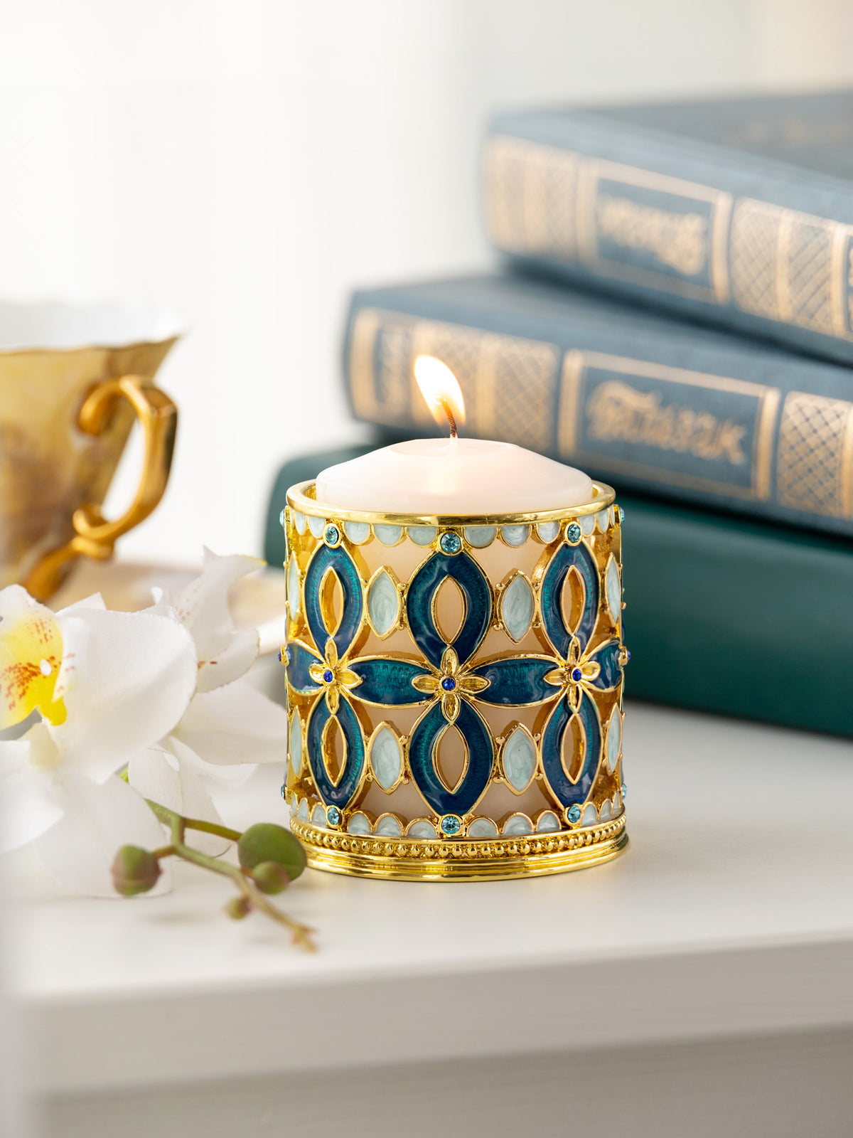 Keren Kopal Golden Blue Decorated Candle Holder