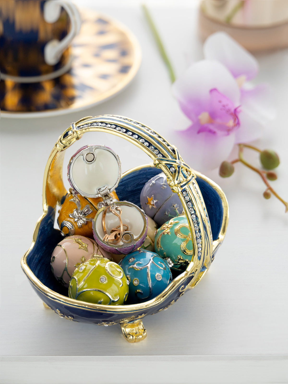 Keren Kopal Blue Basket Carring Small Faberge Eggs