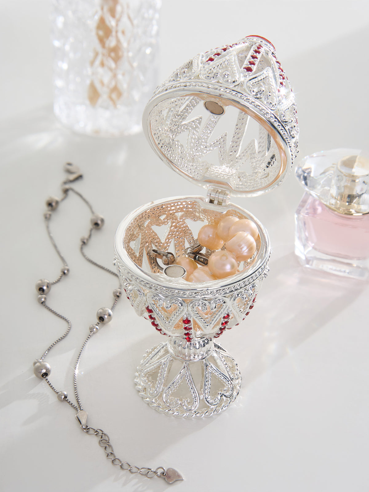 Silver Easter Egg with Red Crystals & Hearts