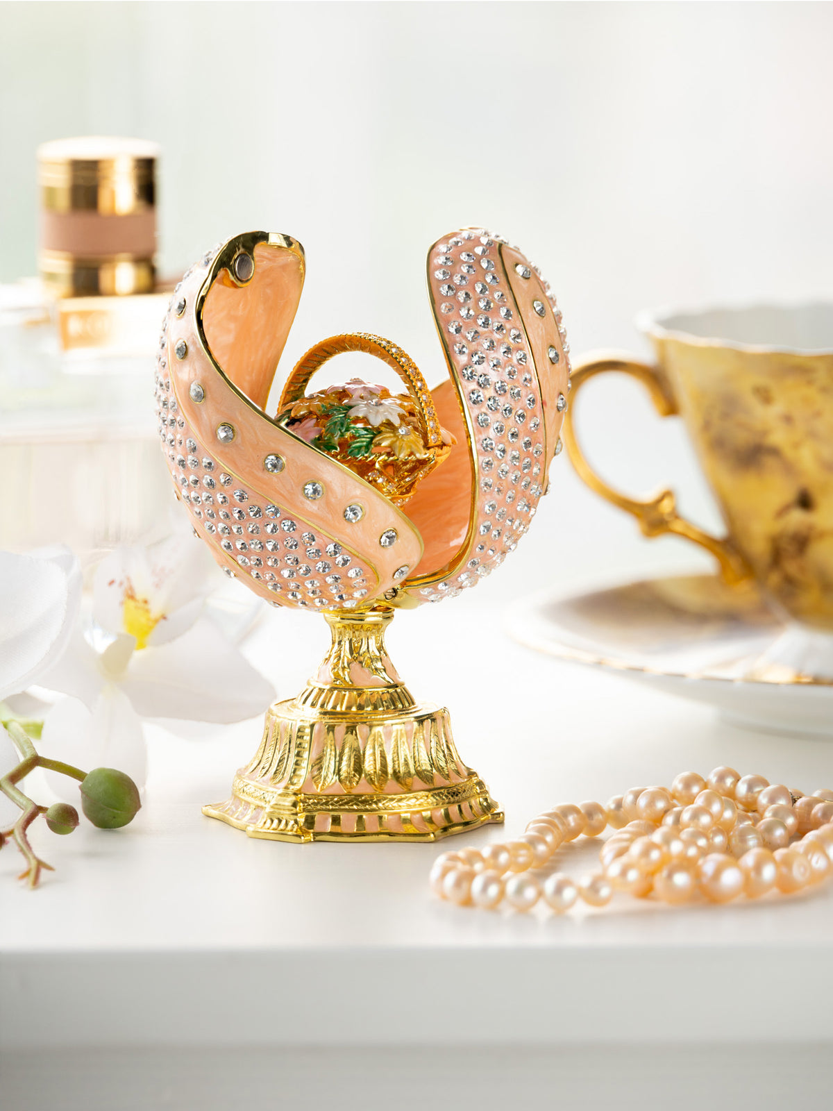 Keren Kopal spiral salmon pink Faberge Egg with flowers bouquet