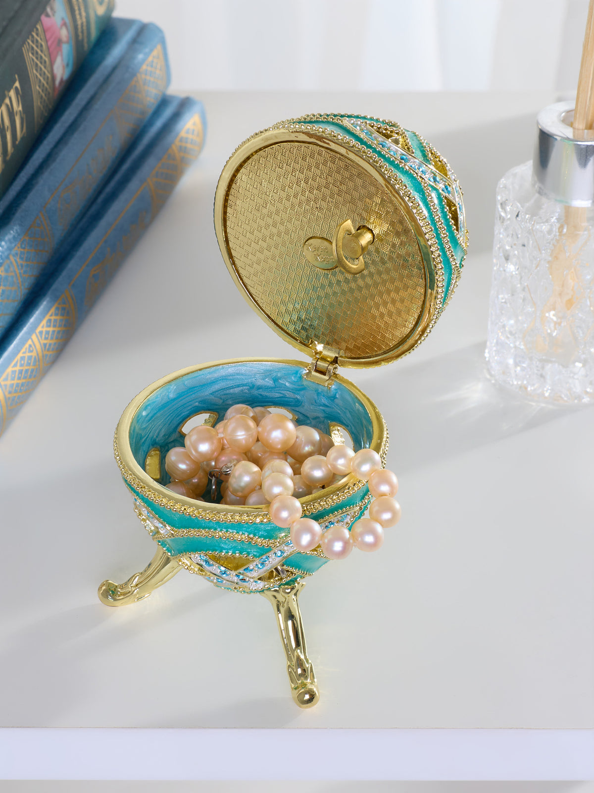 Turquoise Woven Lattice Egg Musical Trinket Box - Swan Lake by Tchaikovsky