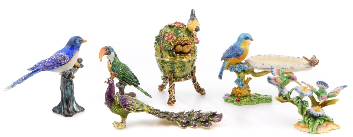 Keren Kopal hand-enameled bird figurines and egg trinket box