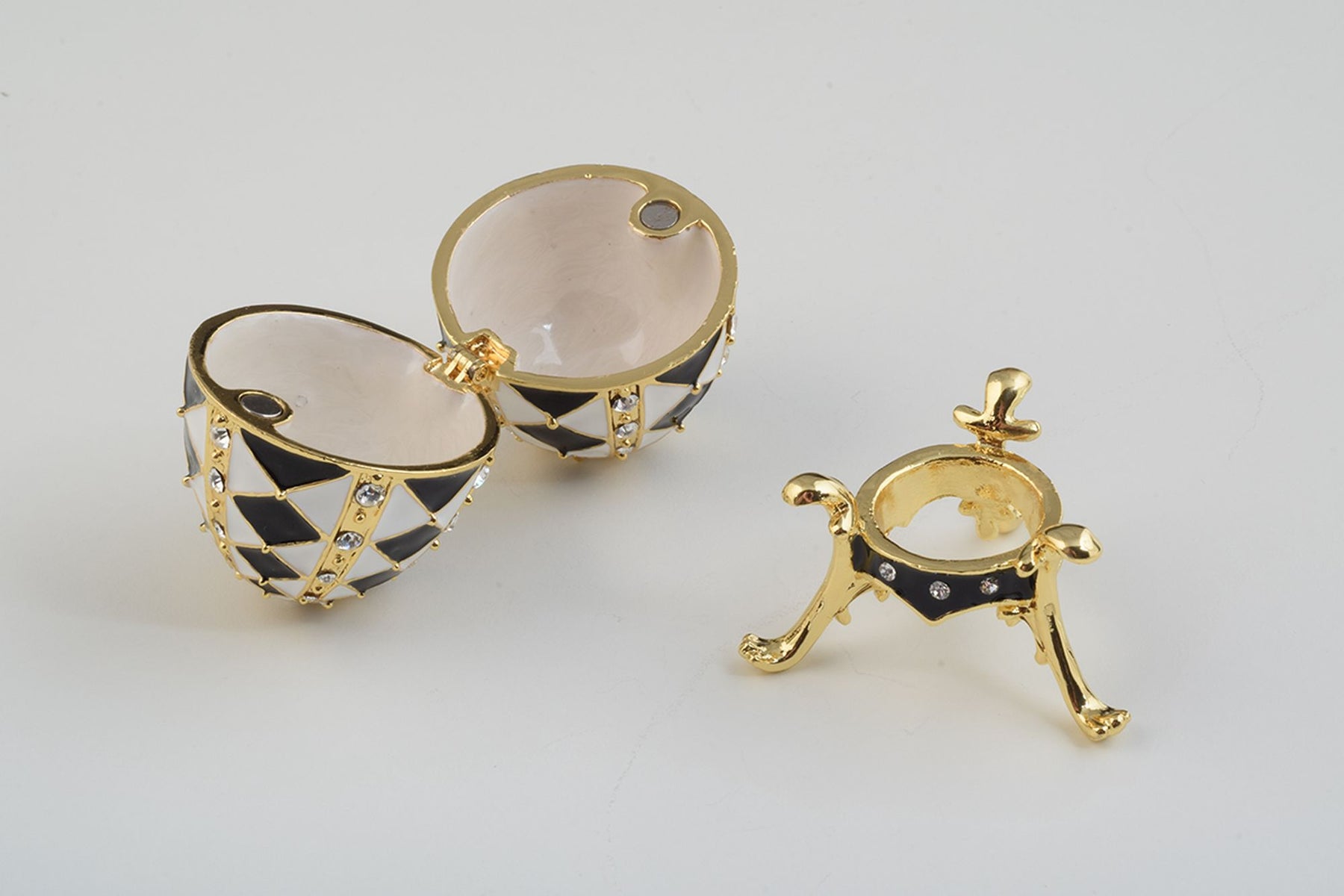 Keren Kopal Black and White Faberge Egg with Gold Necklace Inside