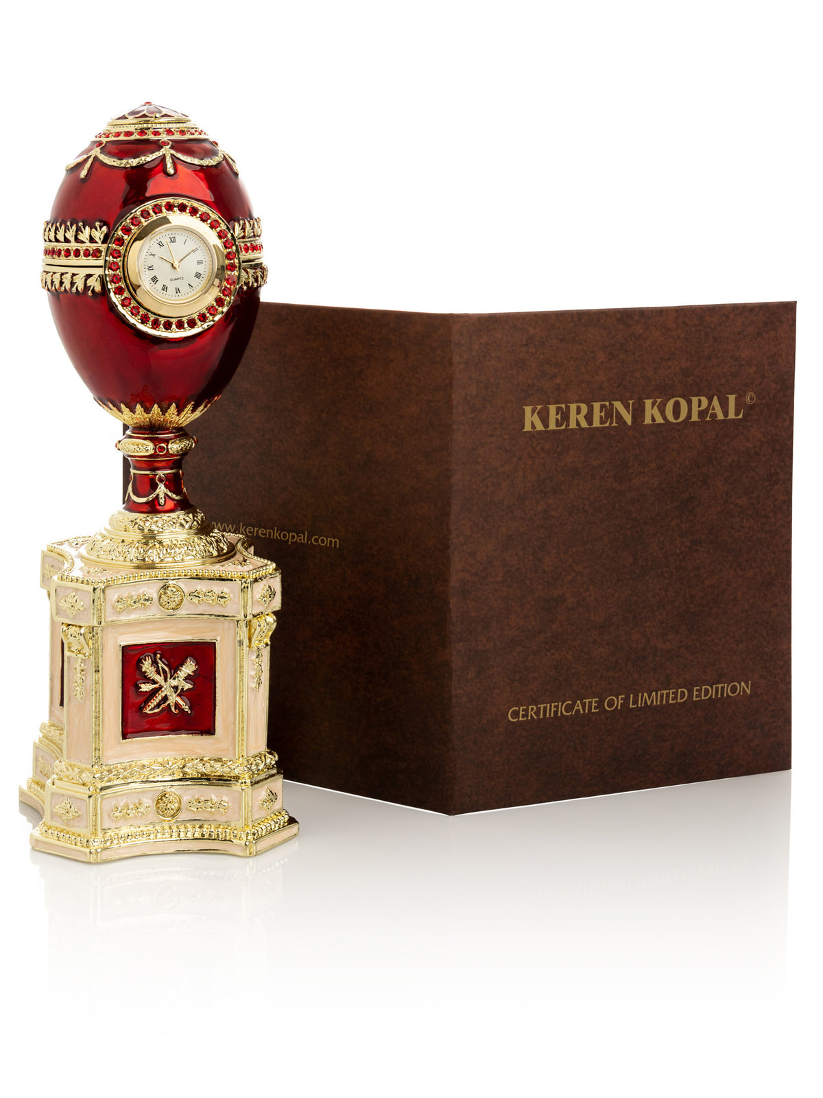Keren Kopal Red Faberge Egg with a Pearl and a Clock