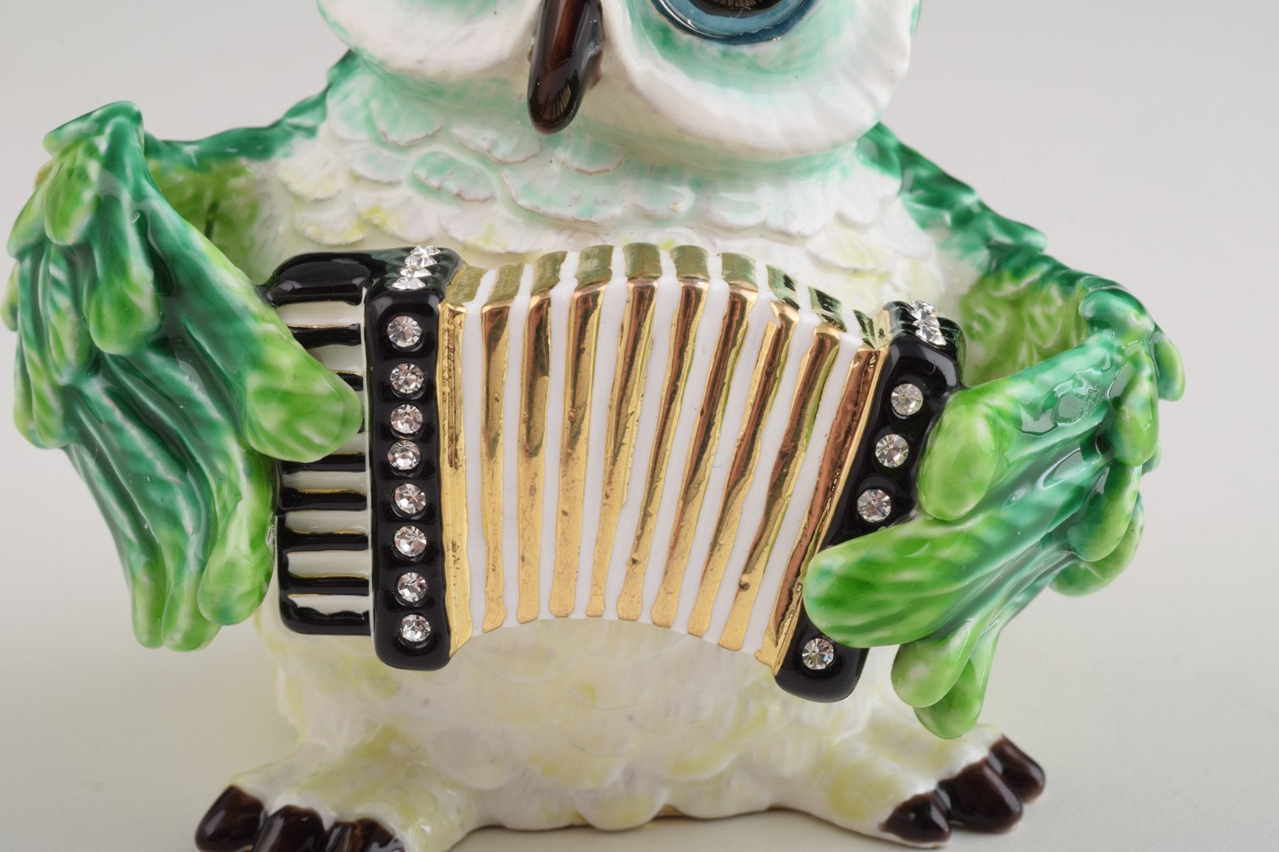 Green Owl Playing Accordion Trinket Box Keren Kopal