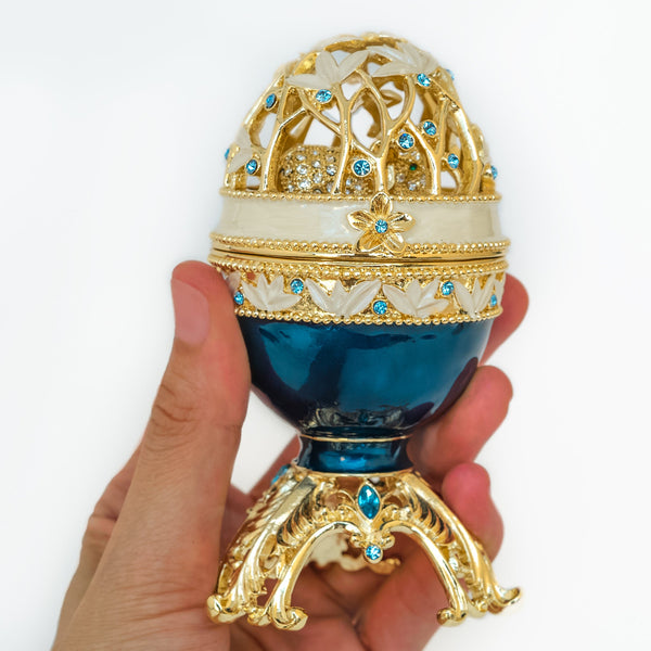 Golden Blue Faberge Egg with a Golden Elephant