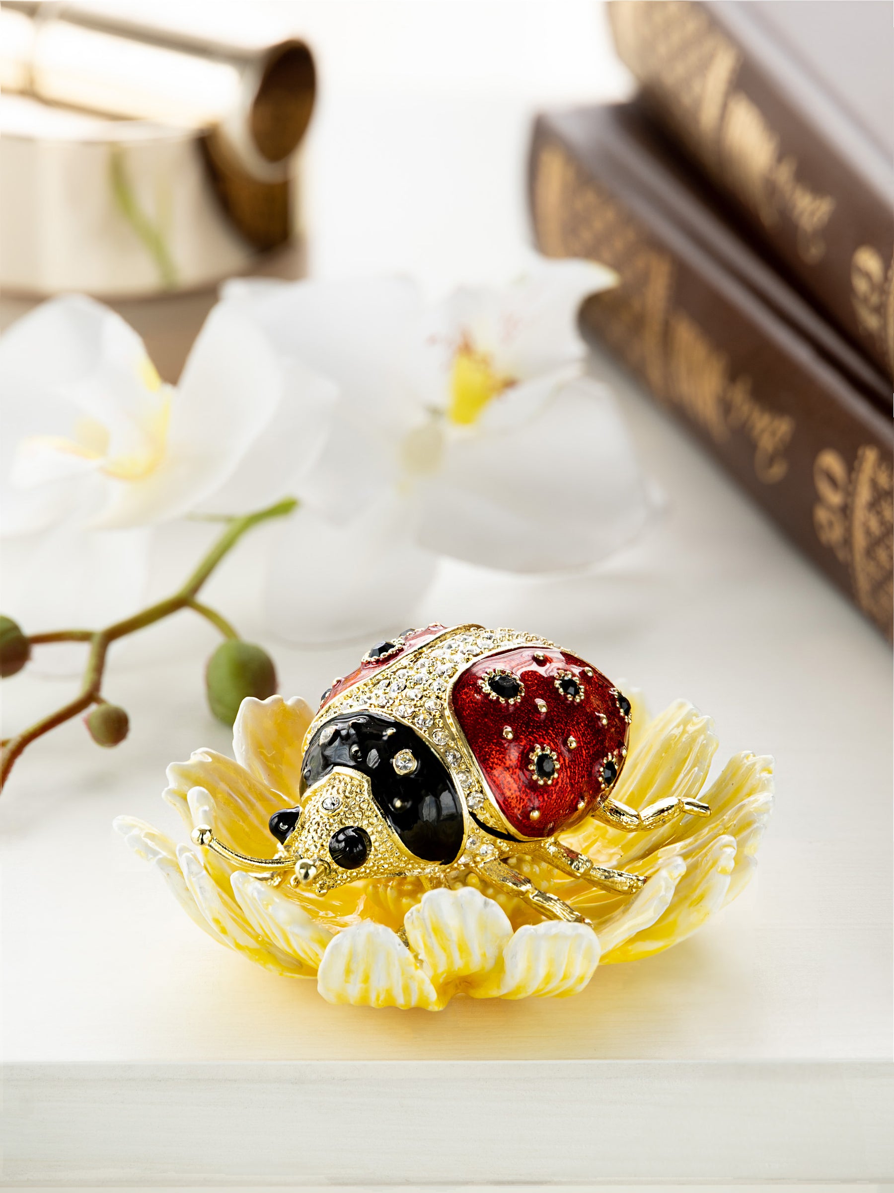 Keren Kopal Ladybug on Flower Jeweled Trinket Box