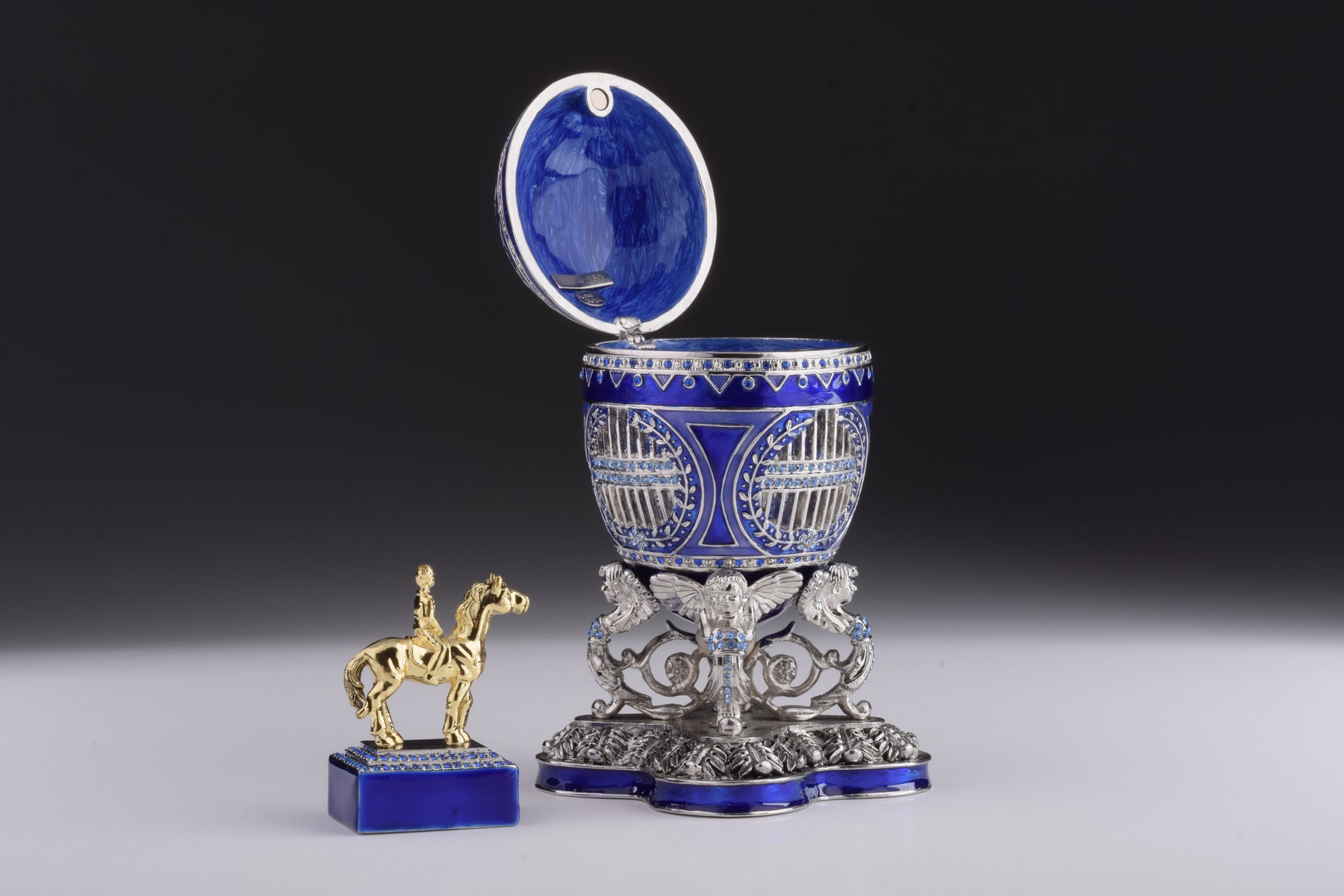 Keren Kopal Blue Russian Egg with Man Riding Horse Surprise Inside