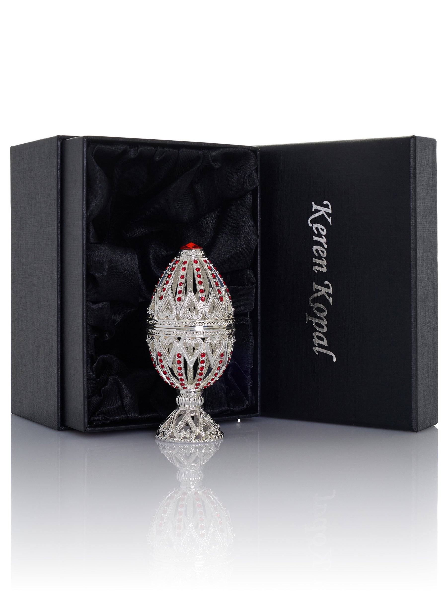 Keren Kopal Silver Easter Egg with Red Crystals & Hearts