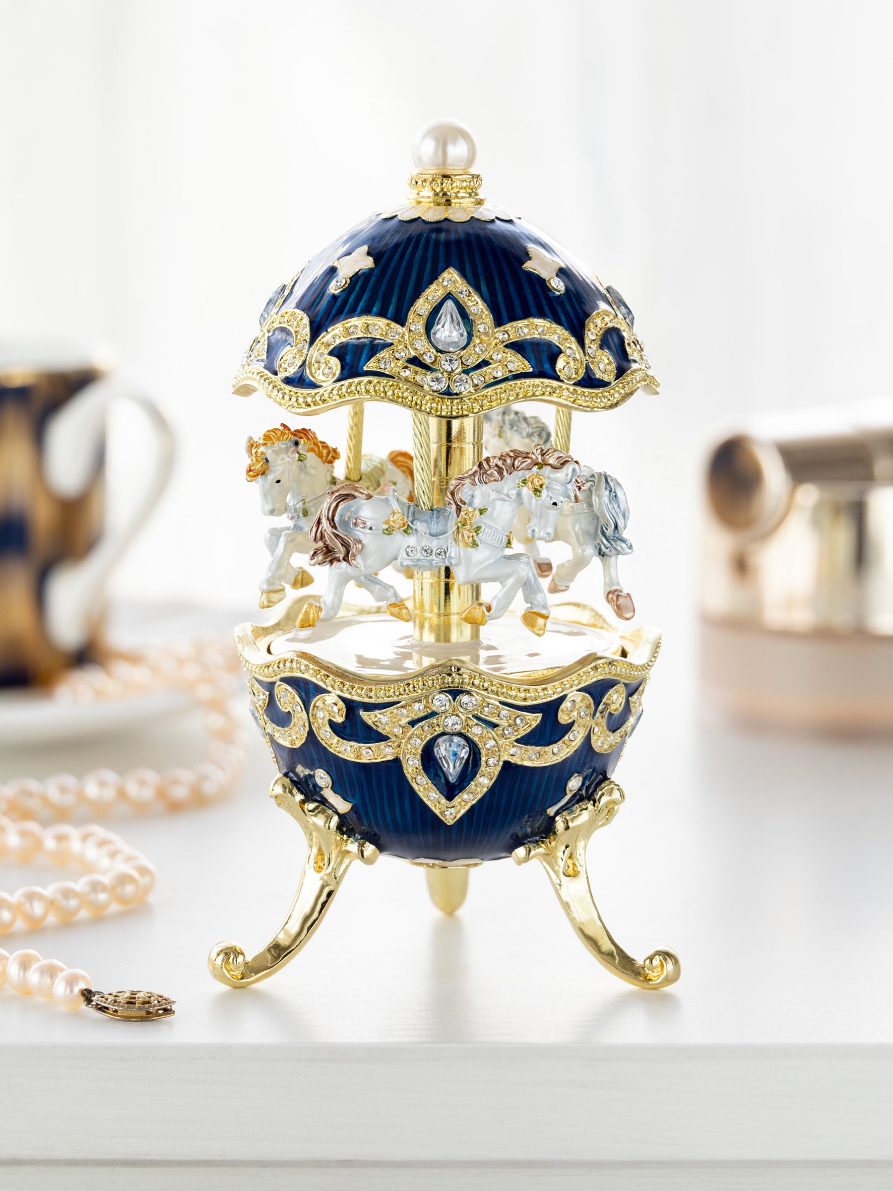 Blue Wind up Horse Carousel Faberge Egg