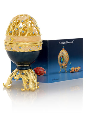 Golden Blue Faberge Egg with a Golden Elephant