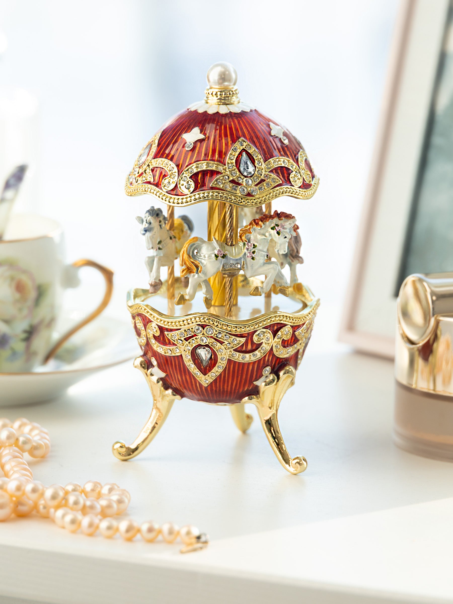 Keren Kopal Red Wind up Horse Carousel Faberge Style Egg