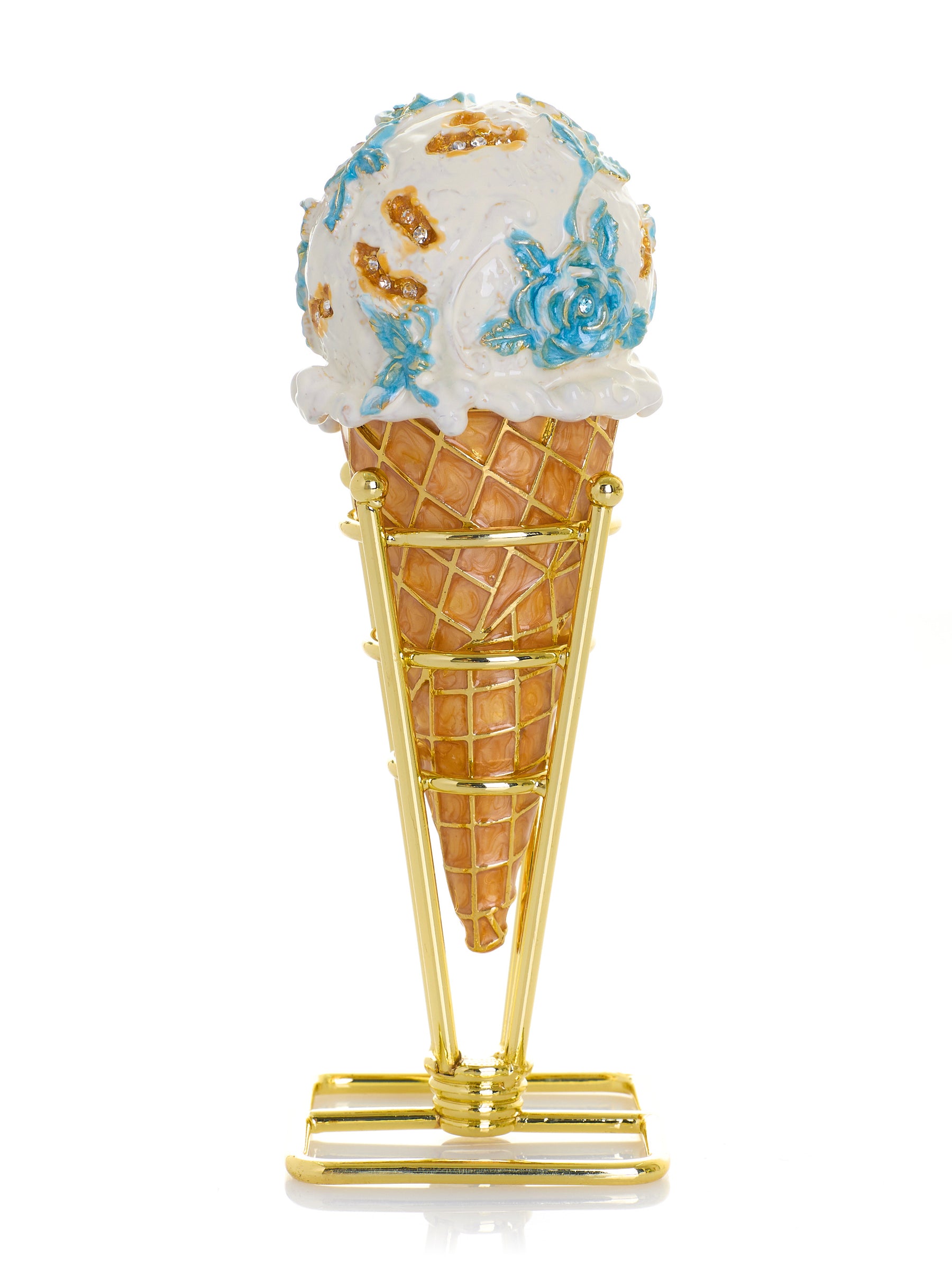 Blue Rose Chintz Ice Cream Cone Trinket Box
