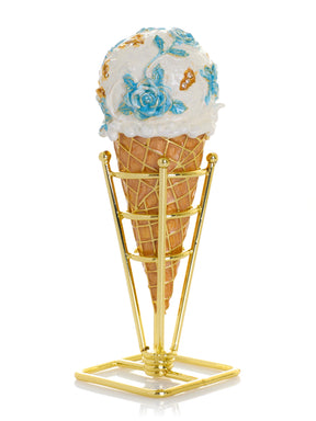 Blue Rose Chintz Ice Cream Cone Trinket Box