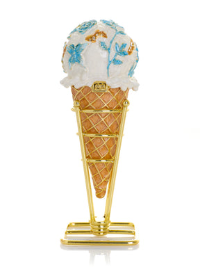 Blue Rose Chintz Ice Cream Cone Trinket Box