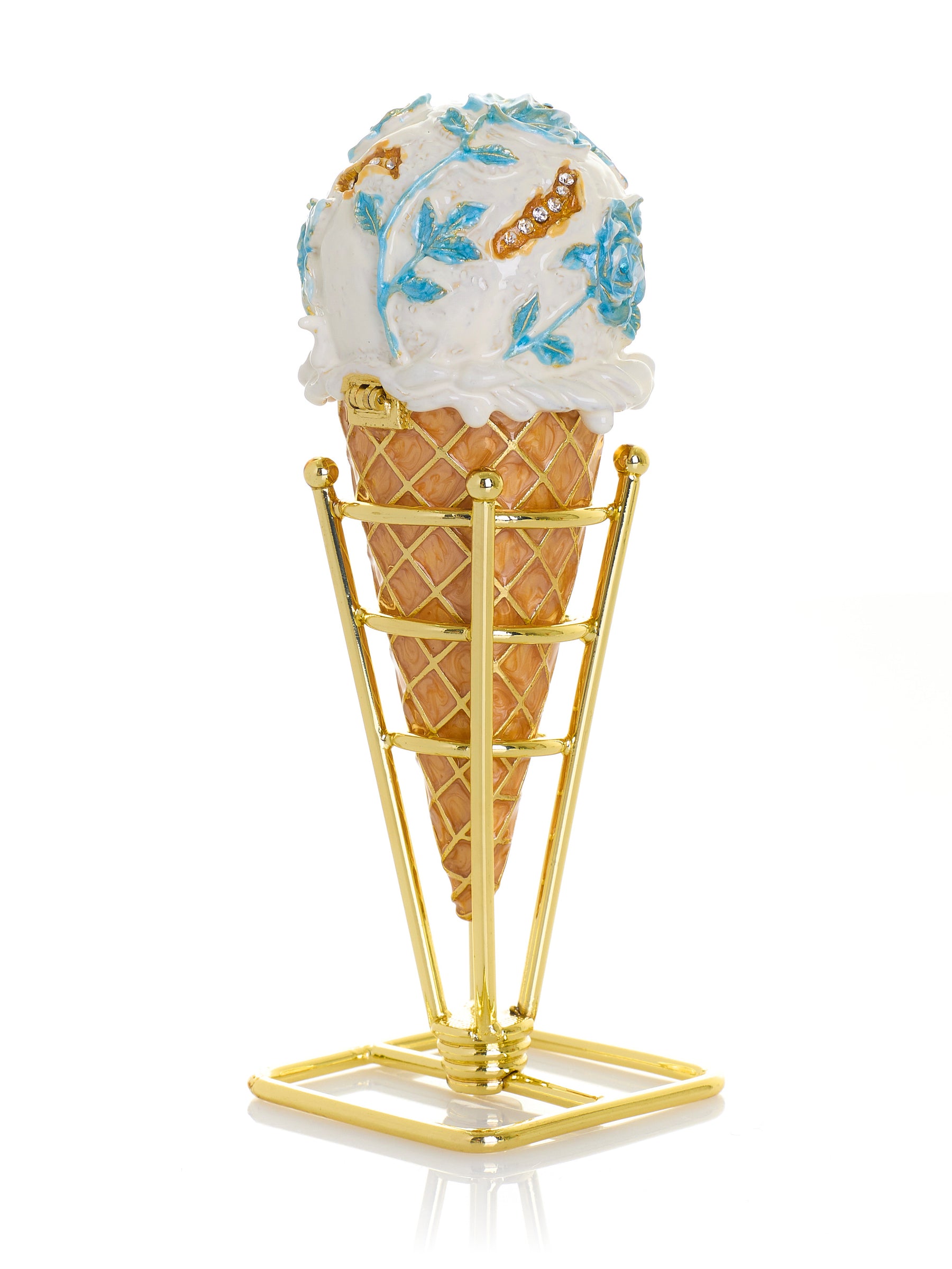 Blue Rose Chintz Ice Cream Cone Trinket Box