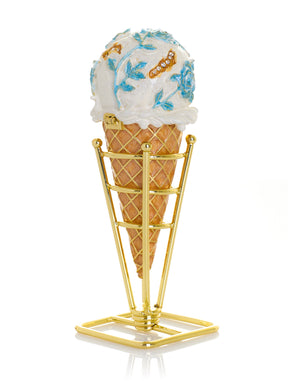 Blue Rose Chintz Ice Cream Cone Trinket Box