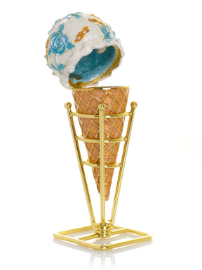 Blue Rose Chintz Ice Cream Cone Trinket Box