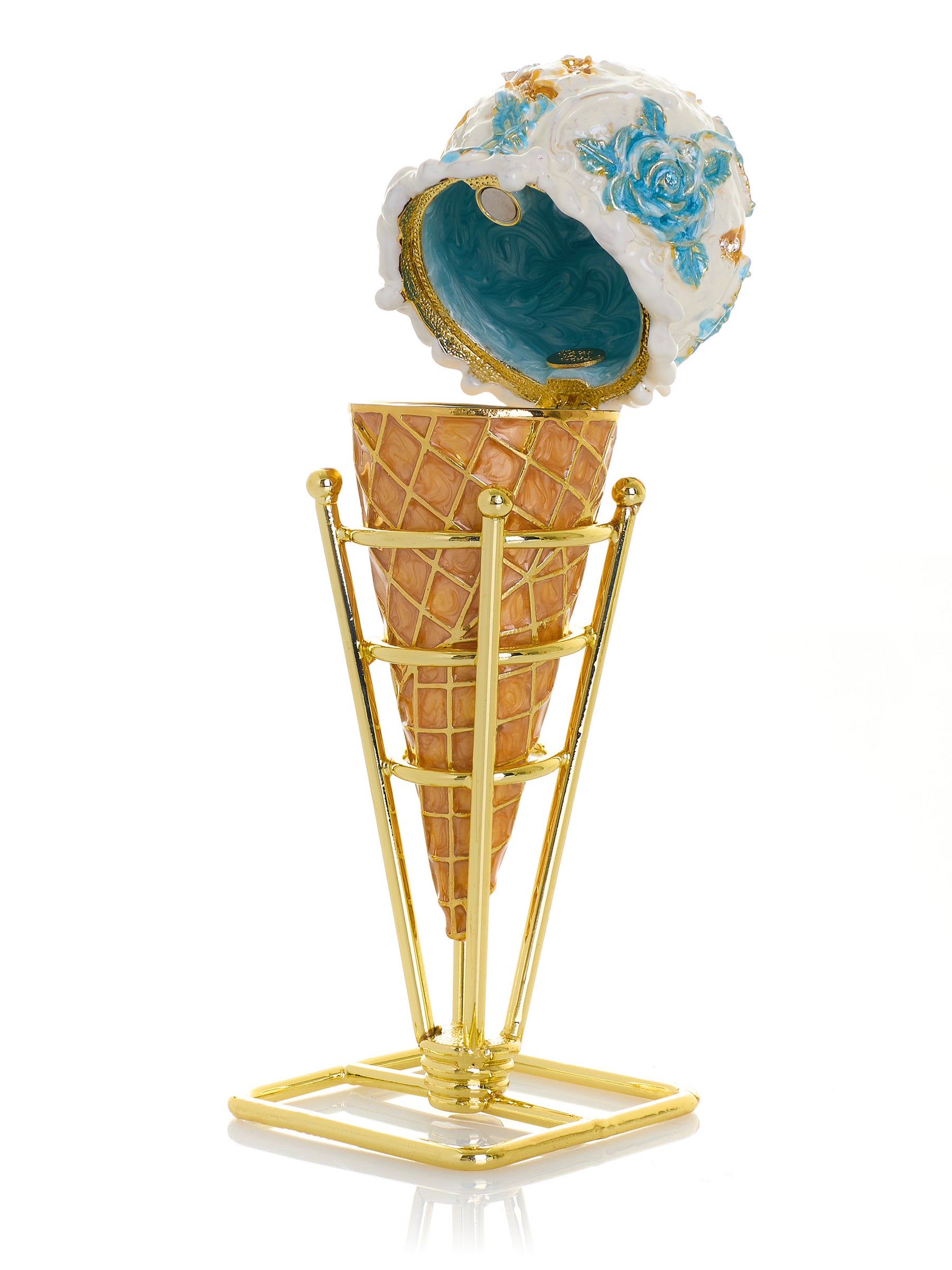 Blue Rose Chintz Ice Cream Cone Trinket Box