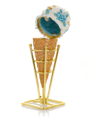 Blue Rose Chintz Ice Cream Cone Trinket Box