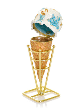 Blue Rose Chintz Ice Cream Cone Trinket Box