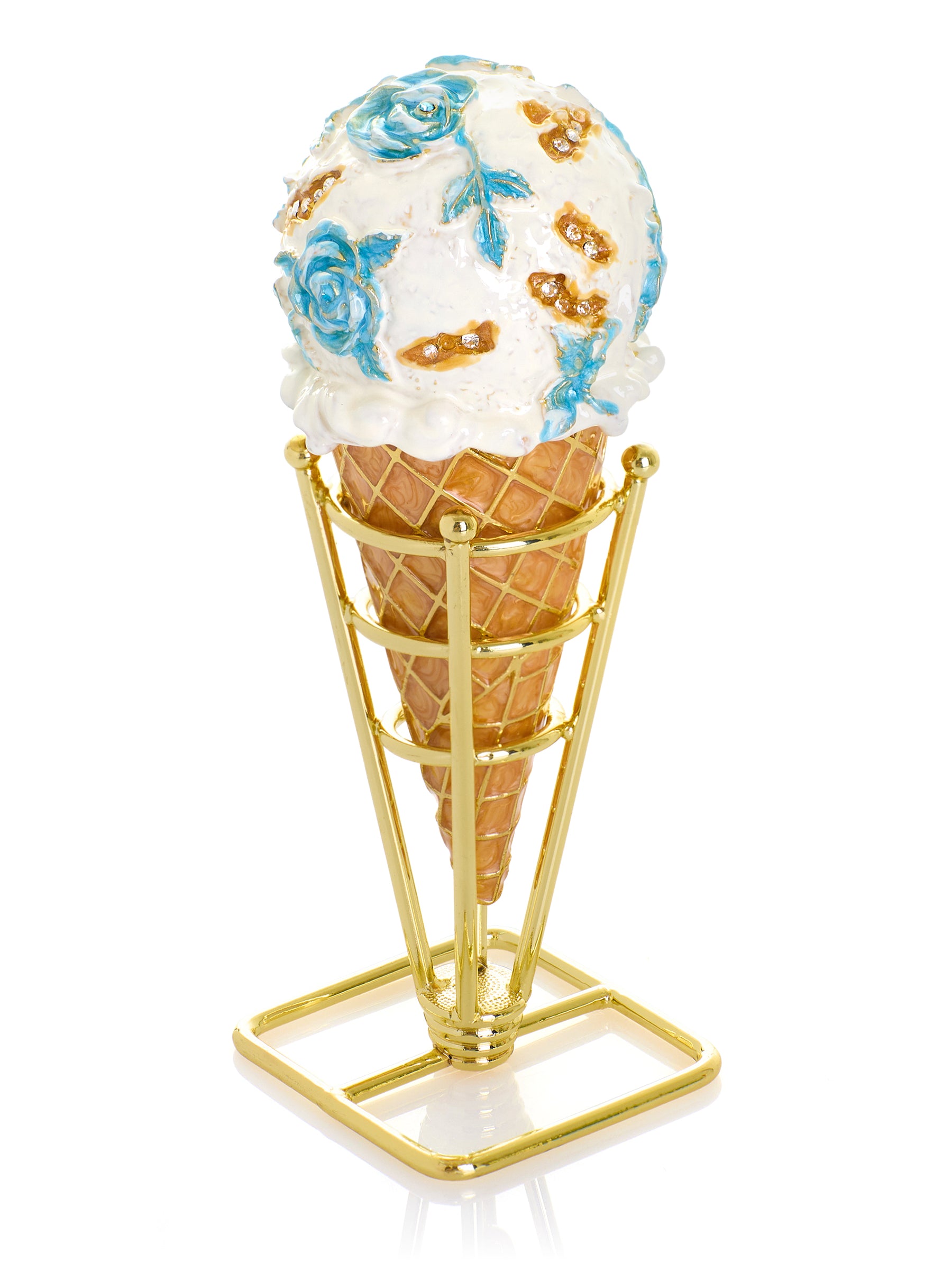 Blue Rose Chintz Ice Cream Cone Trinket Box