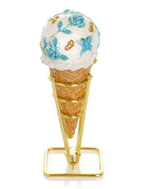 Blue Rose Chintz Ice Cream Cone Trinket Box