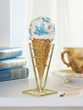 Blue Rose Chintz Ice Cream Cone Trinket Box