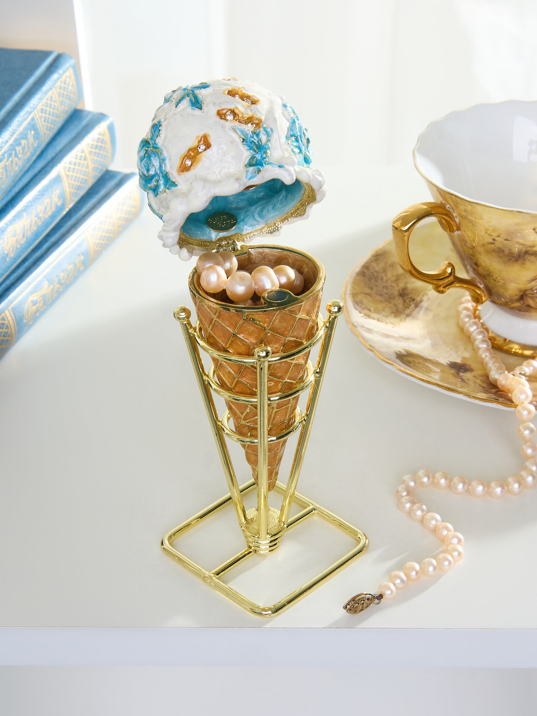 Blue Rose Chintz Ice Cream Cone Trinket Box