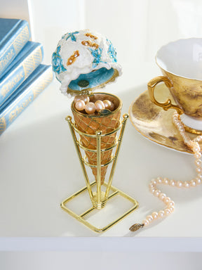 Blue Rose Chintz Ice Cream Cone Trinket Box