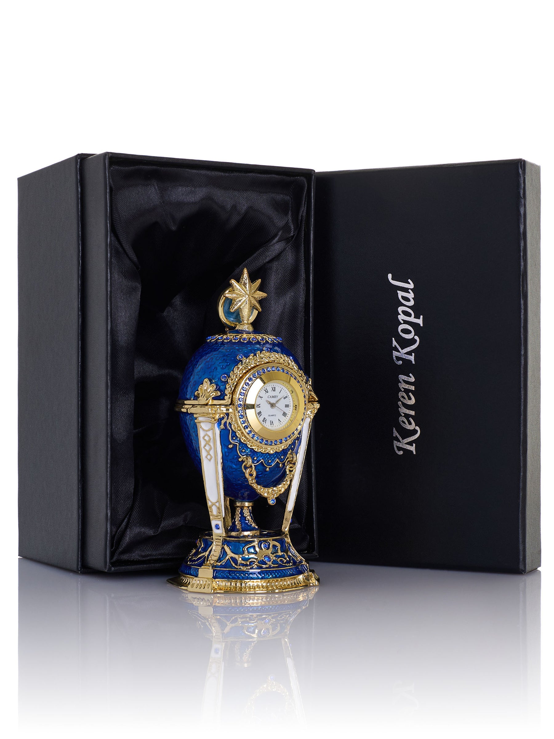 Königsblaues & Goldenes Uhr-Ei Schmuckkästchen im Fabergé-Stil mit Geheimfach & abnehmbarem Stern