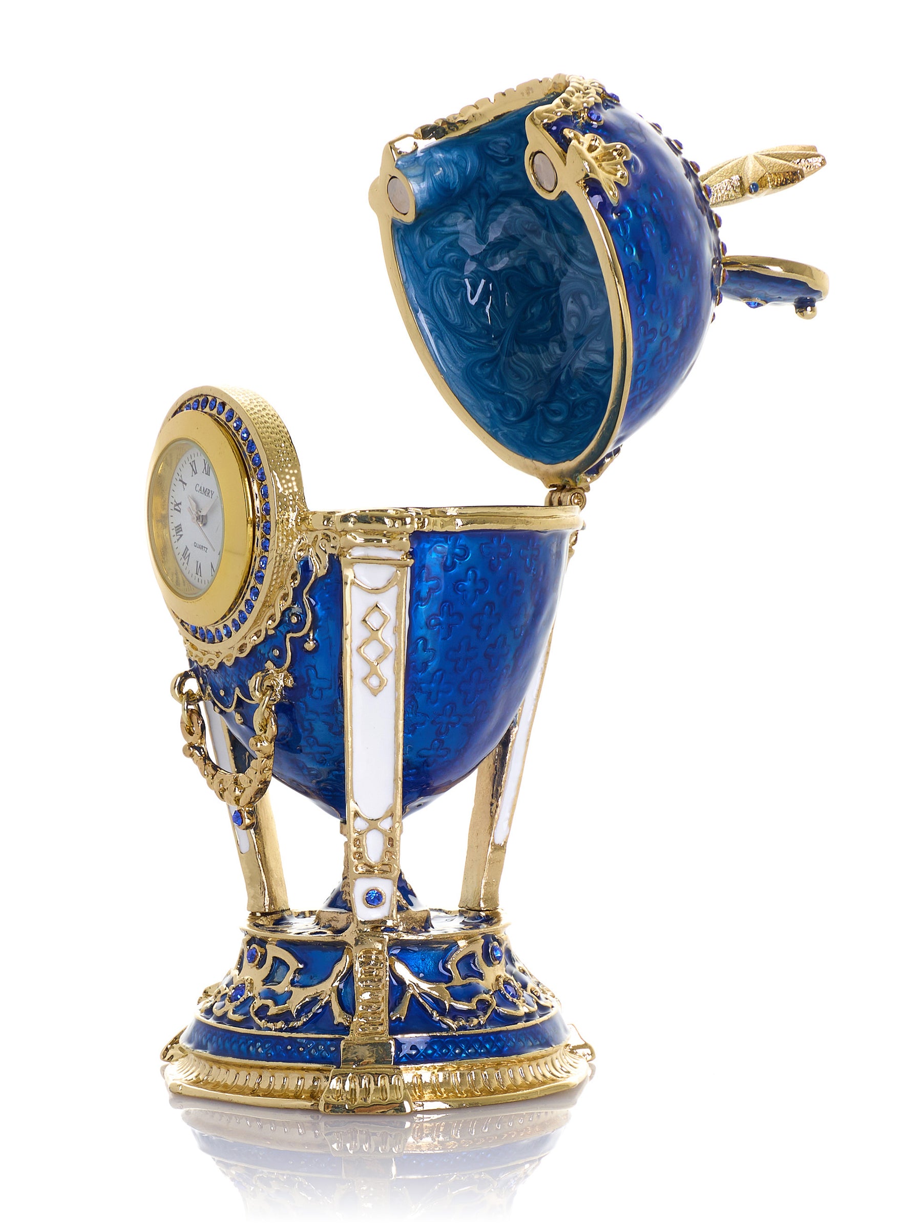 Königsblaues & Goldenes Uhr-Ei Schmuckkästchen im Fabergé-Stil mit Geheimfach & abnehmbarem Stern