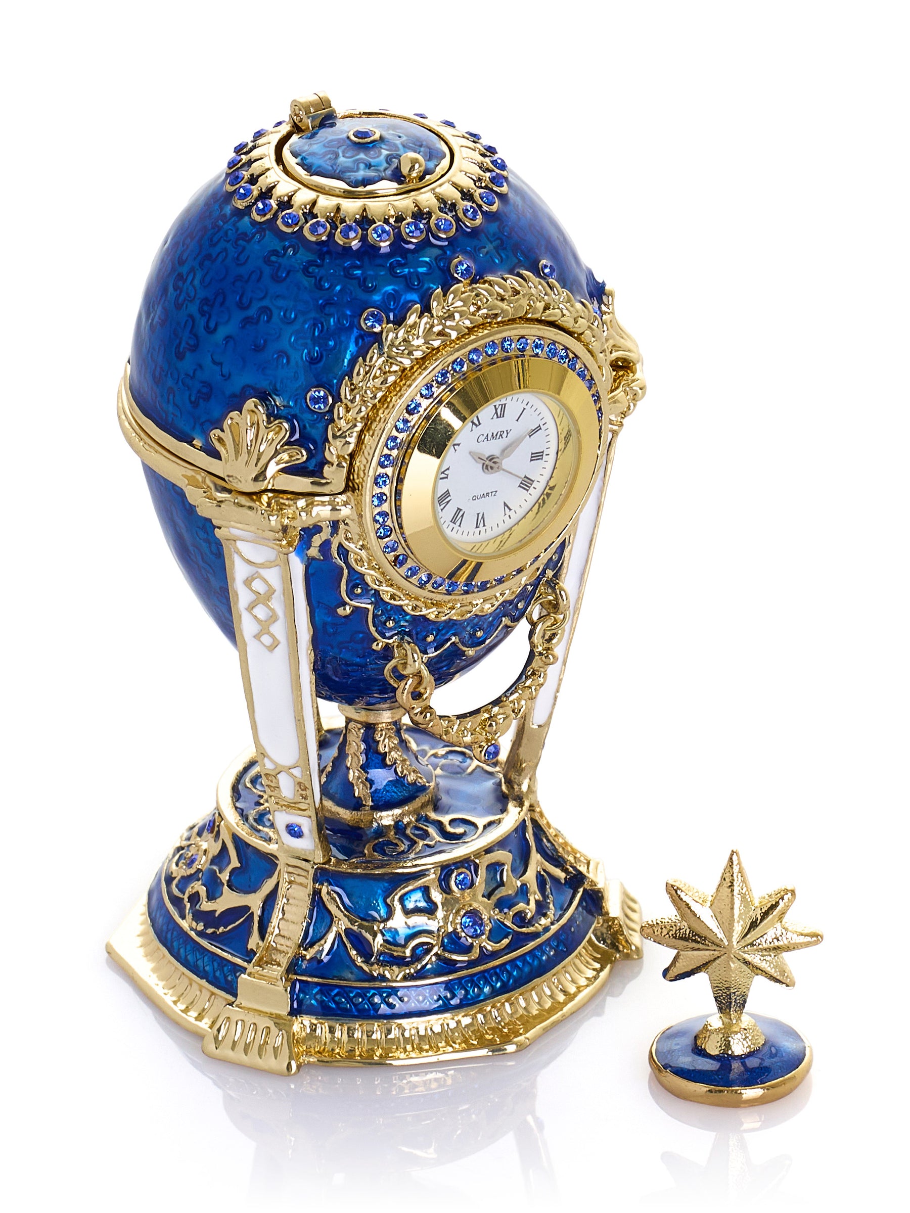 Königsblaues & Goldenes Uhr-Ei Schmuckkästchen im Fabergé-Stil mit Geheimfach & abnehmbarem Stern