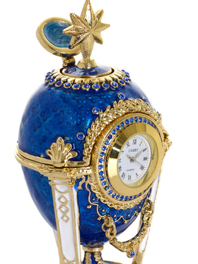 Königsblaues & Goldenes Uhr-Ei Schmuckkästchen im Fabergé-Stil mit Geheimfach & abnehmbarem Stern