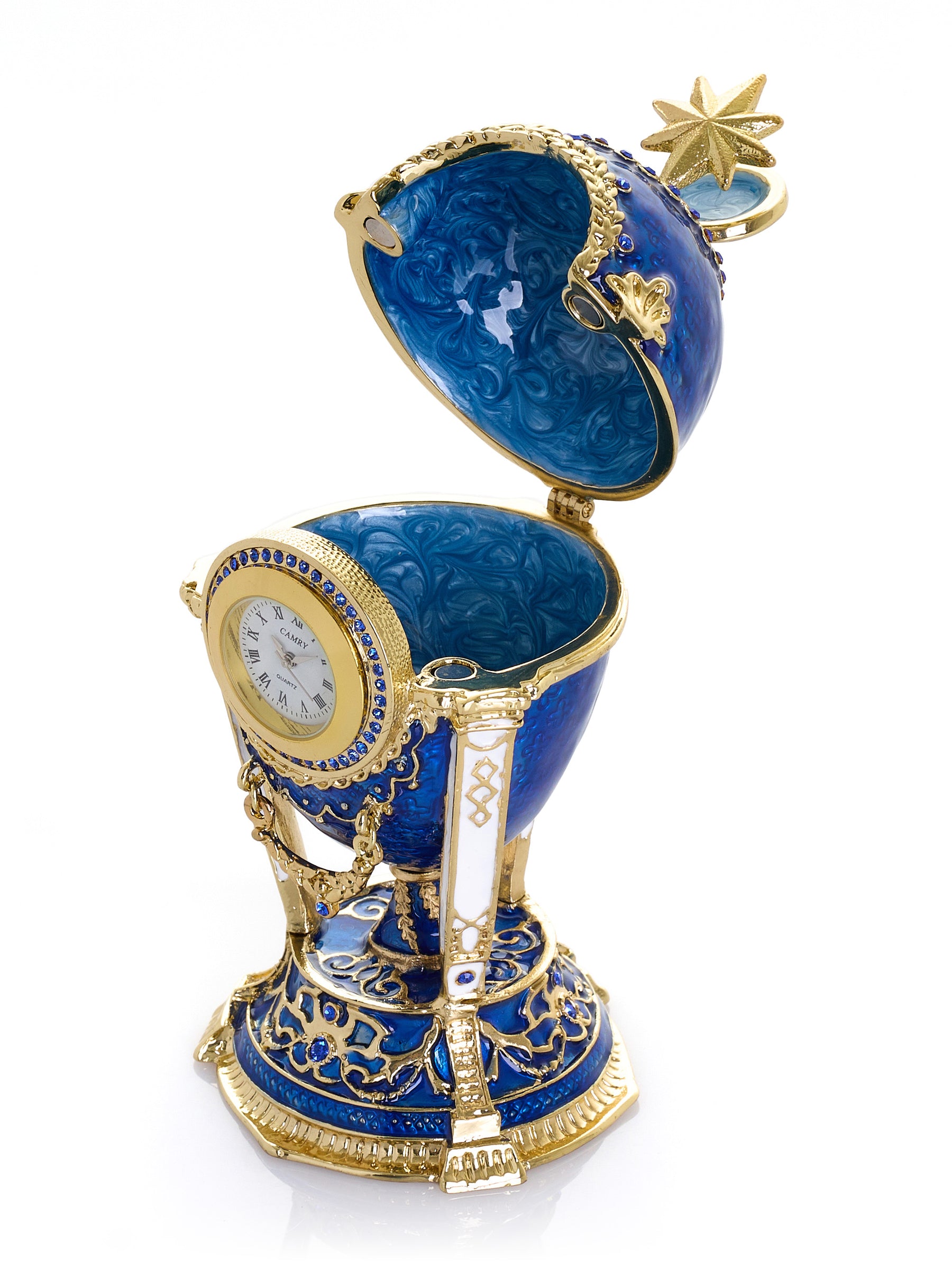 Königsblaues & Goldenes Uhr-Ei Schmuckkästchen im Fabergé-Stil mit Geheimfach & abnehmbarem Stern
