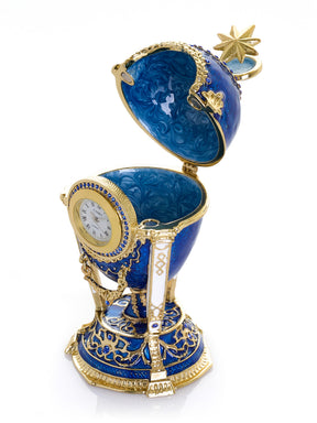 Königsblaues & Goldenes Uhr-Ei Schmuckkästchen im Fabergé-Stil mit Geheimfach & abnehmbarem Stern