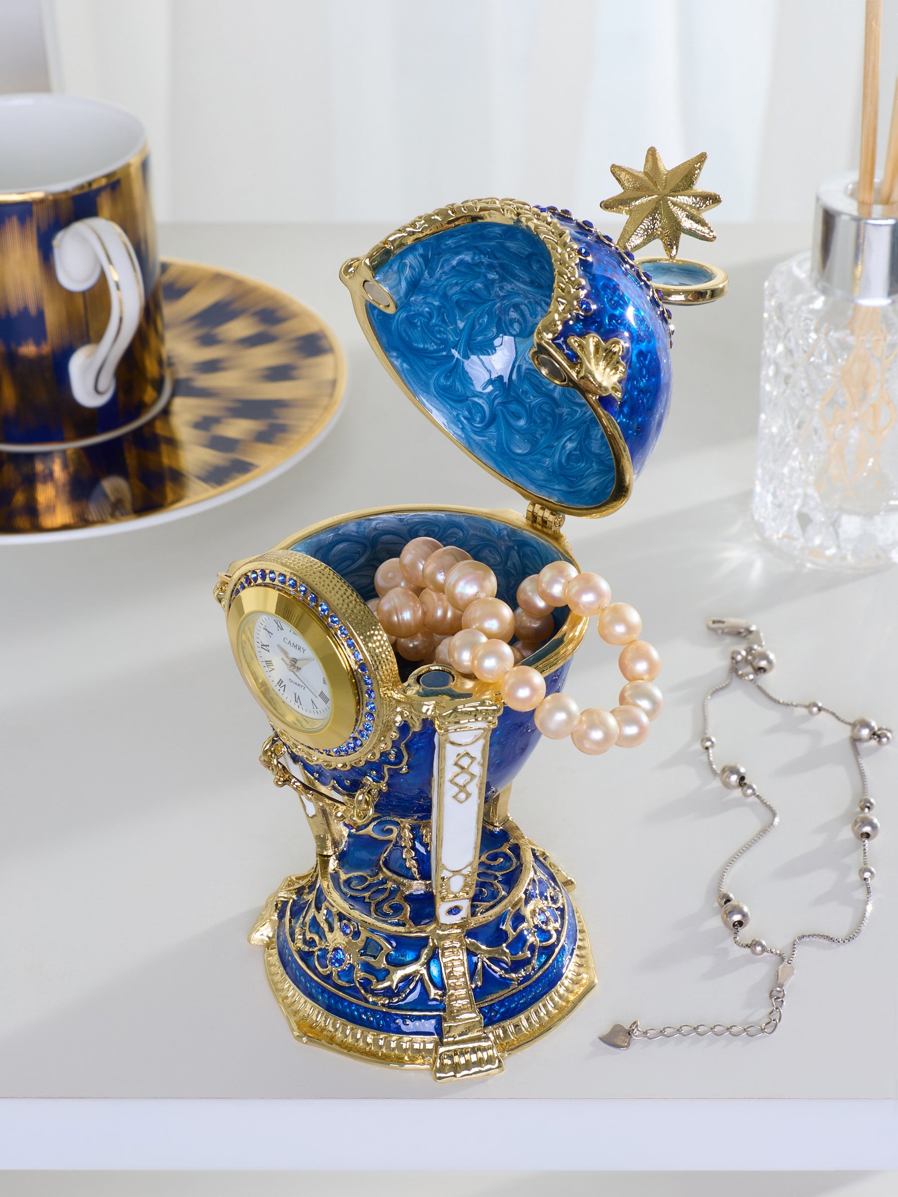 Königsblaues & Goldenes Uhr-Ei Schmuckkästchen im Fabergé-Stil mit Geheimfach & abnehmbarem Stern