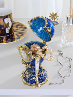 Königsblaues & Goldenes Uhr-Ei Schmuckkästchen im Fabergé-Stil mit Geheimfach & abnehmbarem Stern