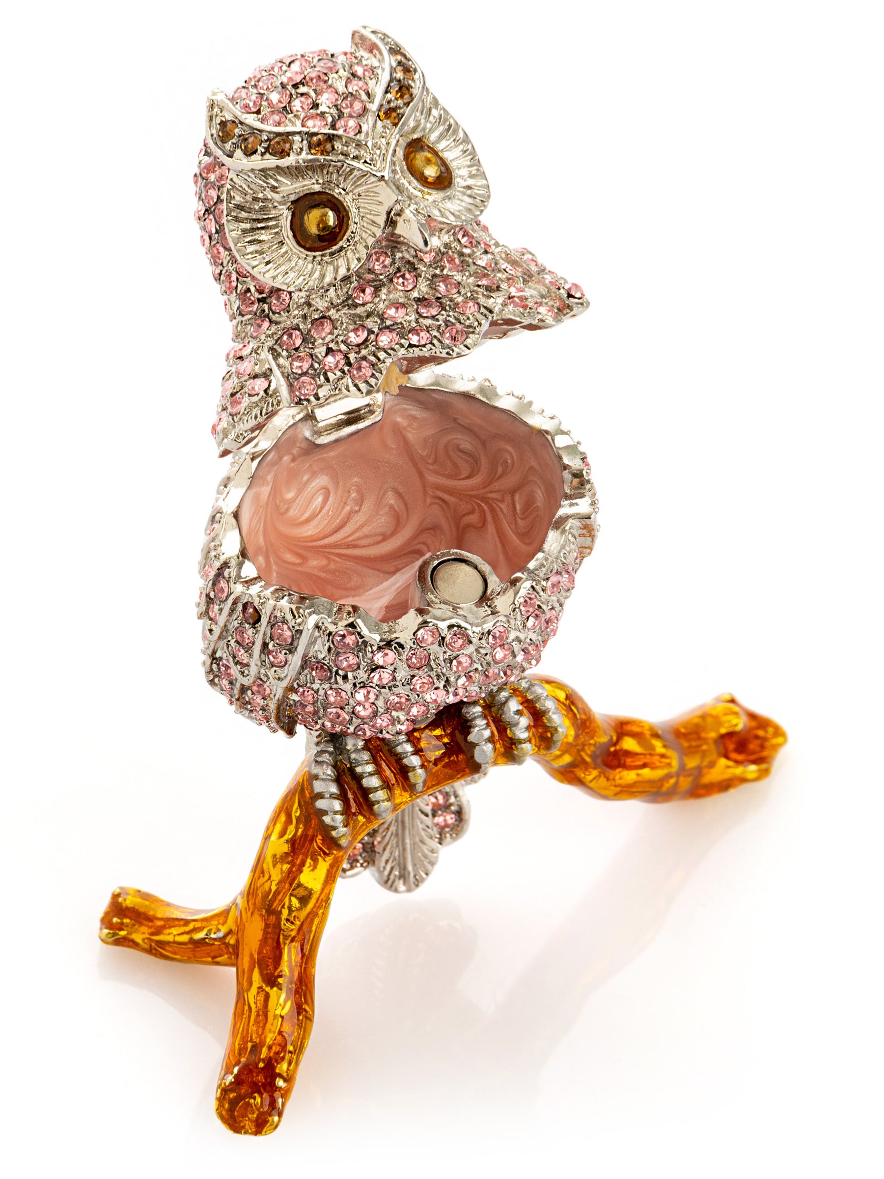 Pink &  Silver Crystal Owl on Amber Tree Branch Trinket Box
