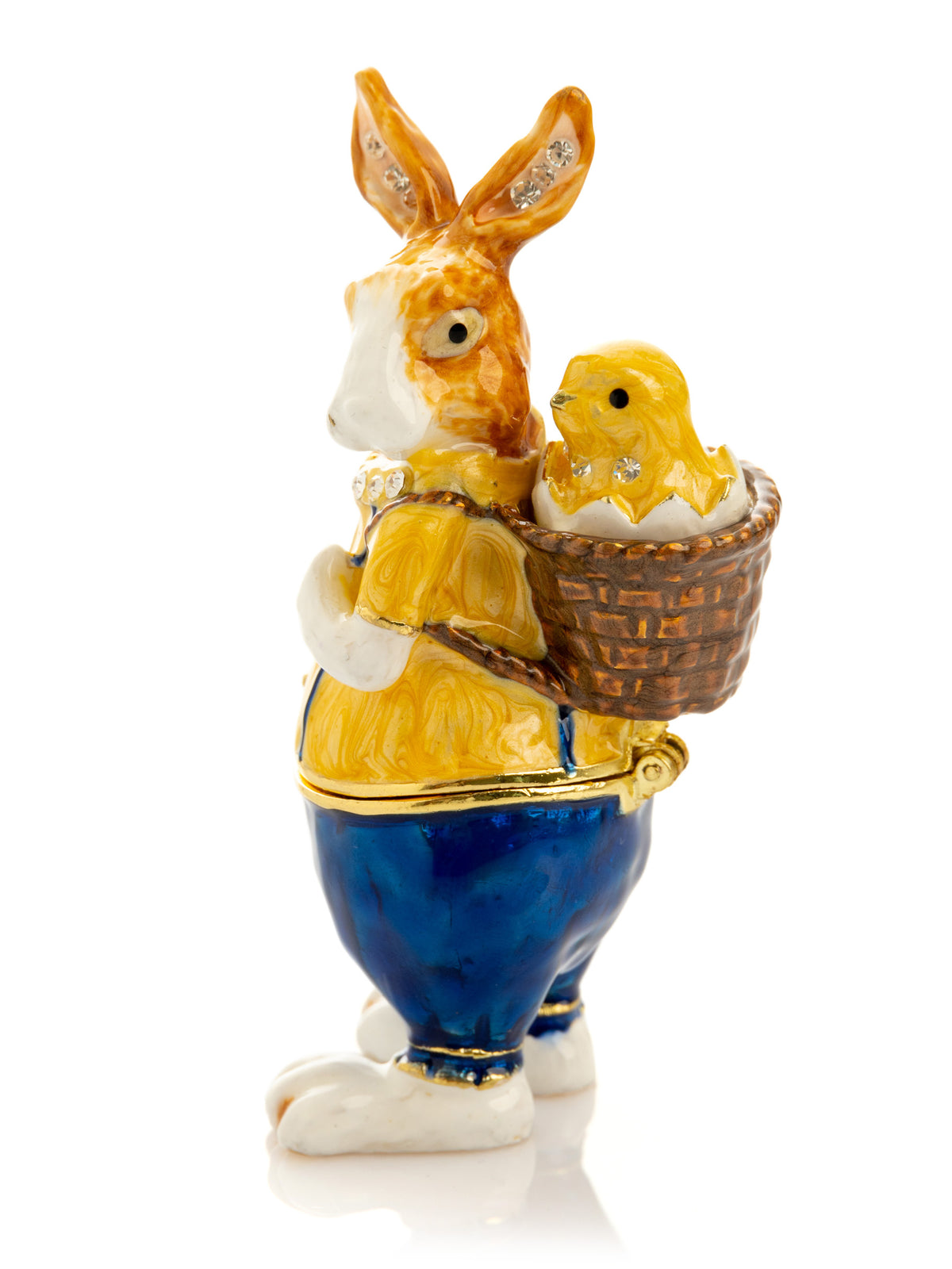 Easter bunny carrying a baby chick on a basket