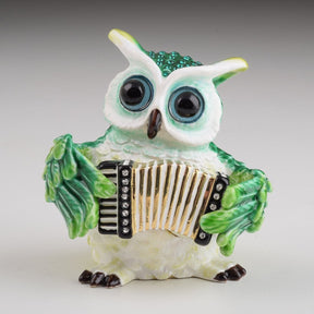 Keren Kopal Green Owl Playing Accordion Trinket Box  84.00